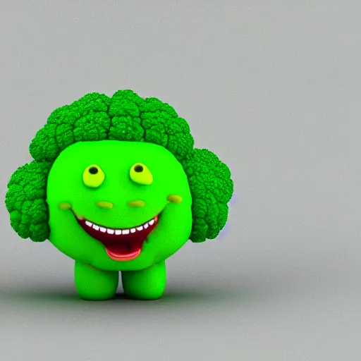 Image similar to a 3d render of a smiling happy broccoli, he is dancing, vivid bright colors