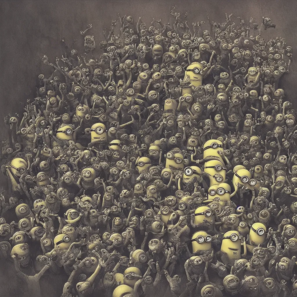 Image similar to minions as tourists in Valencia inside a cringe party surrounded by weird people and devouring a ball of meat by beksinski