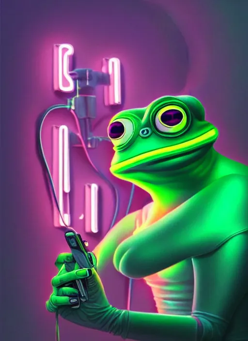 Prompt: portrait of pepe the frog cyber android, intricate, elegant, cyber neon lights, highly detailed, digital painting, cinema 4 d, glamor pose, concept art, smooth, sharp focus, illustration, art by artgerm and greg rutkowski