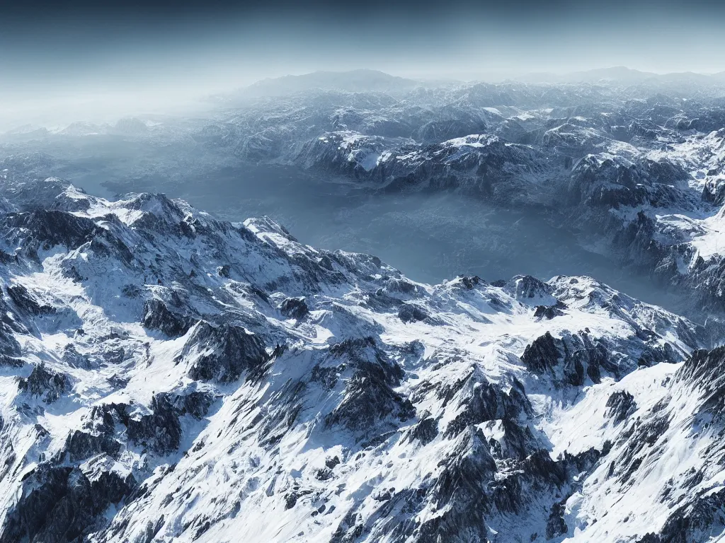 Prompt: realistic view from a mountaintop, high mountains, Alps, digital painting, realistic render, 4k, 8k, photography, unreal engine, wallpaper, cinematic