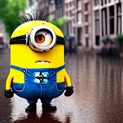 Image similar to a super cute minion walking on the streets of amsterdam in the rain, movie still, photorealistic 4 k