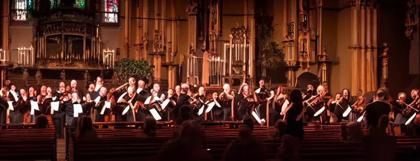 Prompt: a tango orchestra performance in a church, epic, cinematic composition, ultra detailed, 4 k, ultrawide, ( distant shot ), dramatic lighting