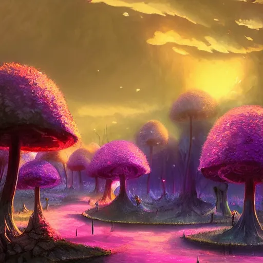 Image similar to concept art painting of a fantasy alien fungal landscape at night, magenta trees, glowing blue mushrooms, village of houses made of mushrooms, dark purple sky, realistic, detailed, cel shaded, in the style of makoto shinkai and greg rutkowski and albert bierstadt and james gurney