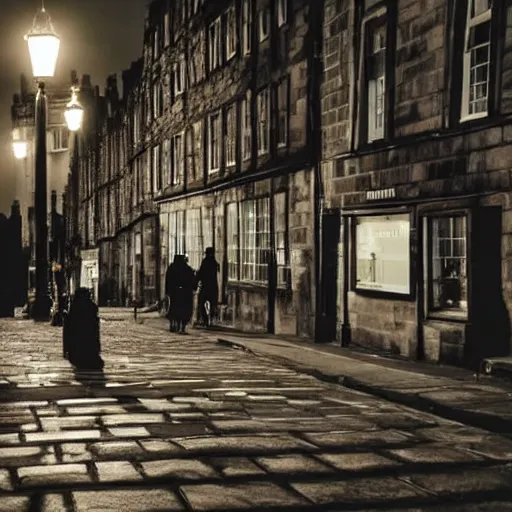 Prompt: ghosts, dusk, royal mile, edinburgh, street lights, spooky, shadows and lights