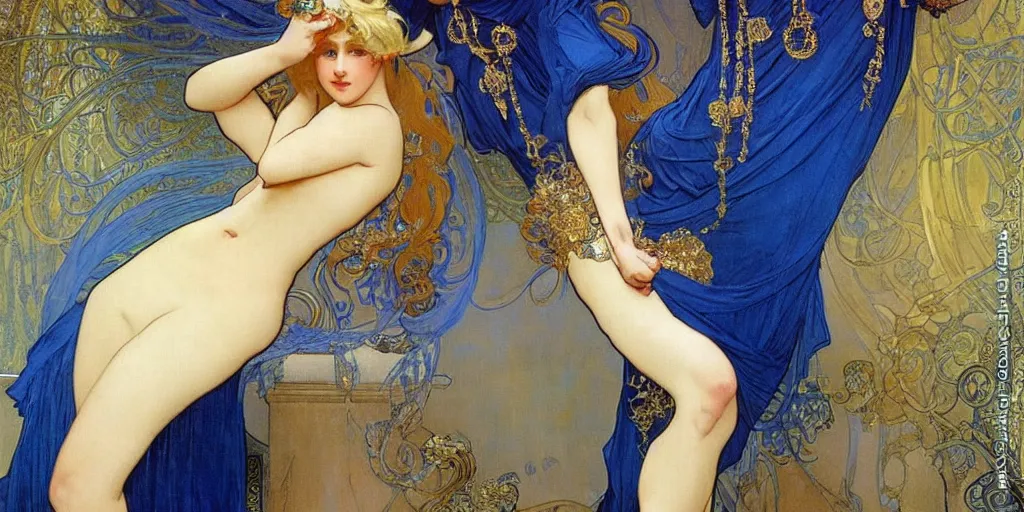 Prompt: a venere blonde princess, play with her long blue dress with gold details, fantasy, clothing, concept art, highly detailed, atmospheric light, oil painting, art by alphonse mucha,