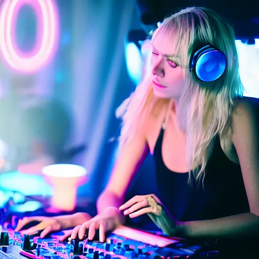 Image similar to a young, blonde-haired woman with soft facial features and blue eyes, 35mm photograph, neon lights in the background, DJing at coachella