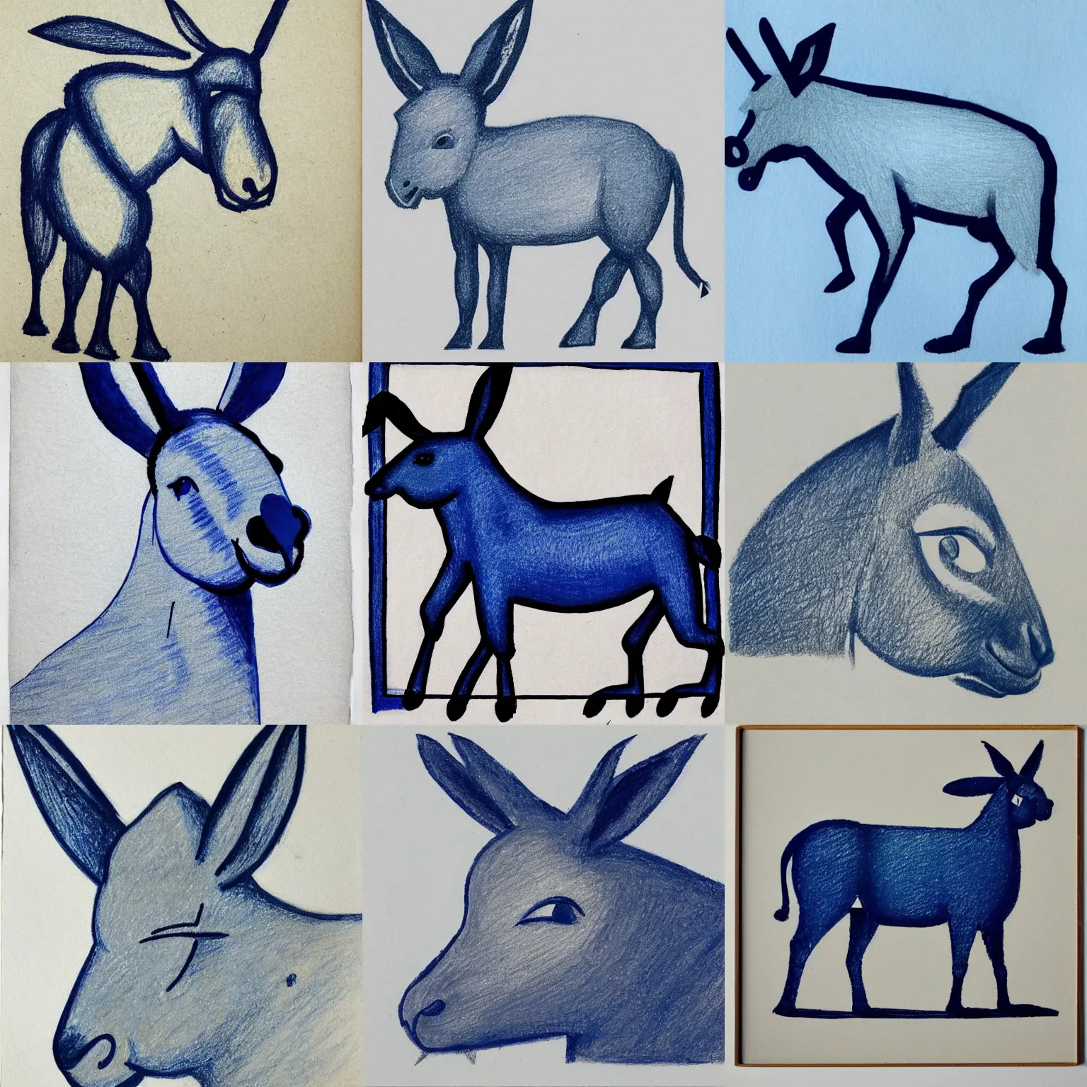 Prompt: a drawing of a blue donkey on a white background, a gouache by bill traylor, behance, modern european ink painting, cyanotype, blueprint, stipple