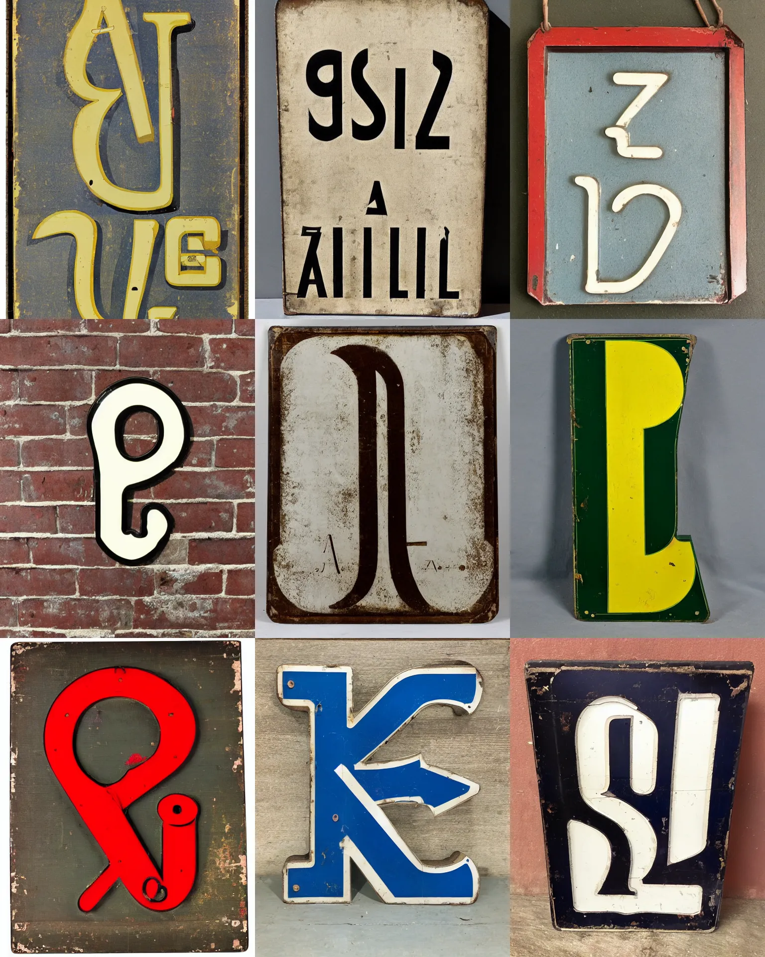 Prompt: enamel sign, 1 9 2 0 s font a to z