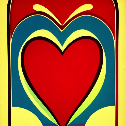 Image similar to cartoon heart on fire, symmetrical, washed out color, centered, art deco, 1 9 5 0's futuristic, glowing highlights, peaceful