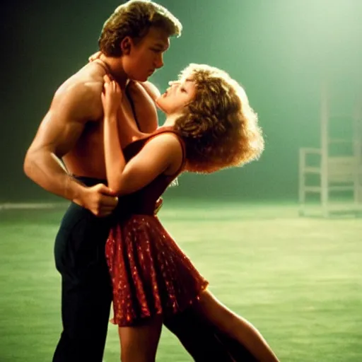 Image similar to dirty dancing poster with closeup portrait of young arnold schwarzenegger dancing with jennifer lawrence in the rain, 5 0 mm cinema shot, beautiful light, best lense, 9 0 s romantic movie, 4 k