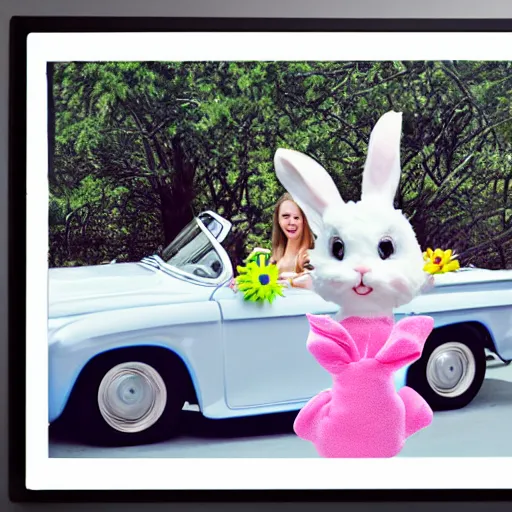 Image similar to easter bunny riding a convertible, studio photo, high quality