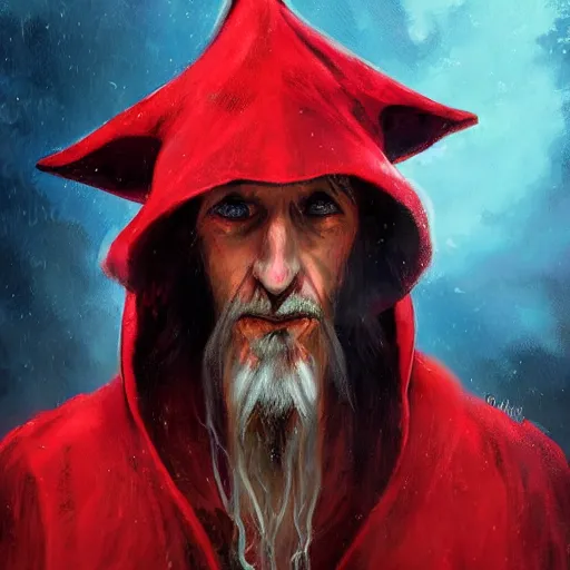 Image similar to portrait of rincewind with a scared expression and scared pose wearing bright red wizard robe and hat by greg rutkowski and raymond swanland