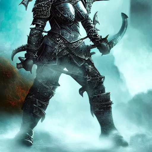 Image similar to fantasy warrior woman with dragon armour, black hair and turquoise eyes slaying orcs in medieval battlefield, fog and mist