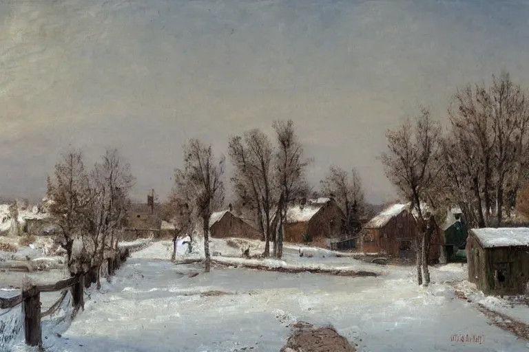 Image similar to russian village in spring with snow and mud, in style of Savrasov,