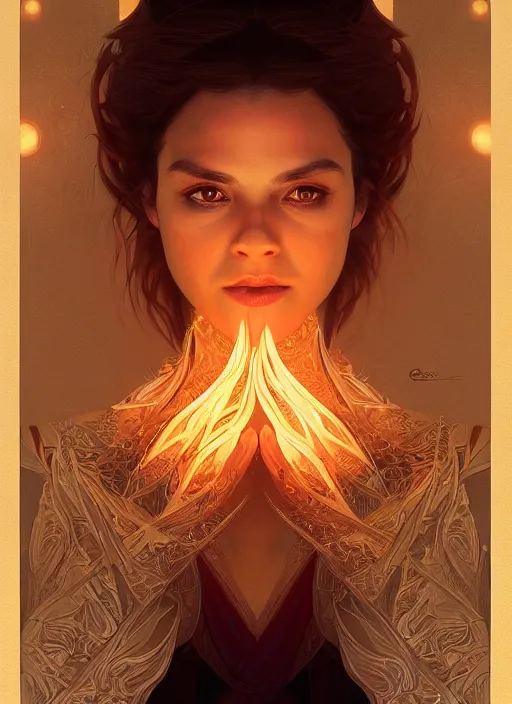 Image similar to symmetry!! portrait of fire, glowing lights!! intricate elegant, highly detailed, digital painting, artstation, concept art, smooth, sharp focus, illustration, art by artgerm and greg rutkowski and alphonse mucha
