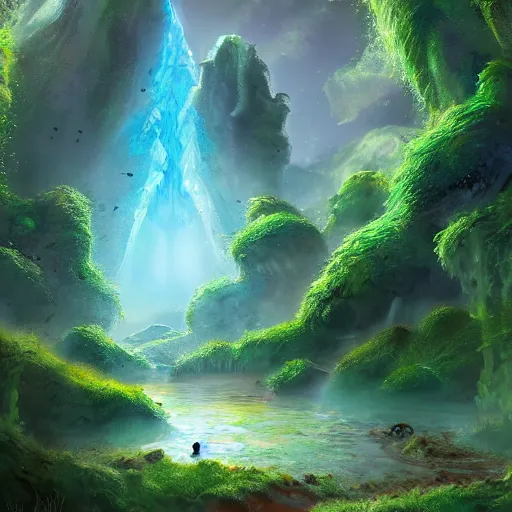 Image similar to beautiful lush natural scene on another planet, with creatures. lightfall. beautiful detailed digital painting. trending on artstation and deviantart.