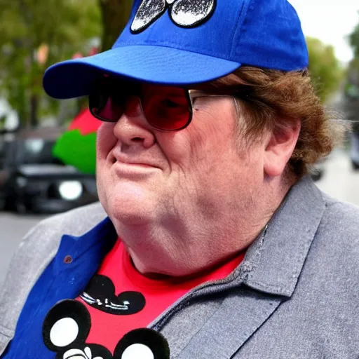 Prompt: Michael moore wearing a mickey mouse hat, tons of disney pins on his vest