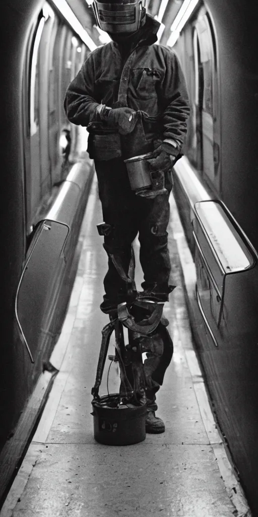 Image similar to welder wearing welding masks in the subway, by richard avedon, ominous lighting, tri - x pan stock