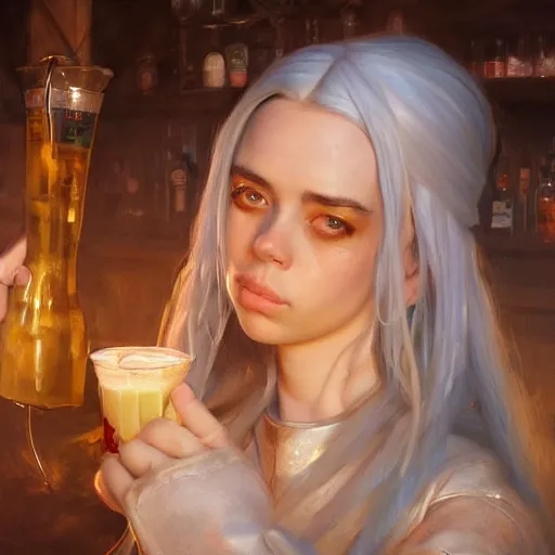 Prompt: Portrait of Billie Eilish as a seductive bar maid serving drinks in a medieval pub, white lighting, digital art by Ruan Jia and Mandy Jurgens and Artgerm, highly detailed, trending on artstation, award winning,