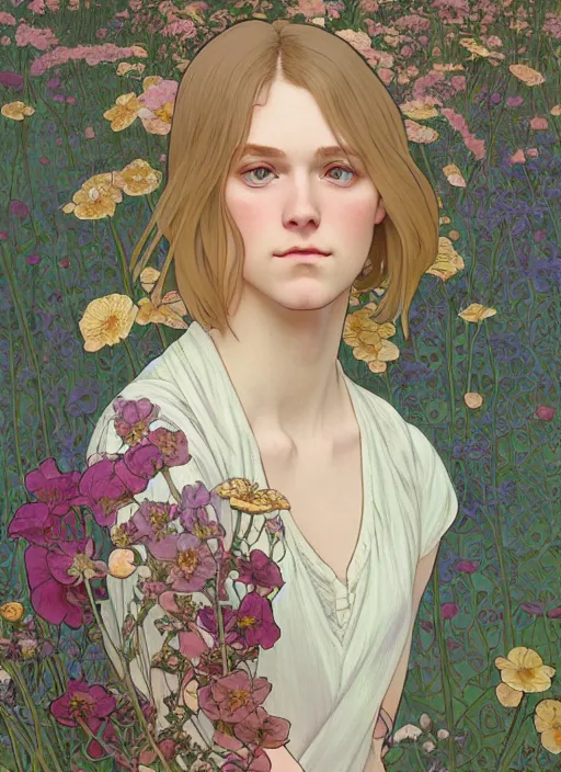 Image similar to pretty young man with shoulder length blond hair, half body shot, emotional, decorative flower patterned background, path traced, highly detailed, high quality, digital painting, by studio ghibli and alphonse mucha, leesha hannigan, hidari, disney, jules bastien - lepage, art nouveau, martine johanna, android jones