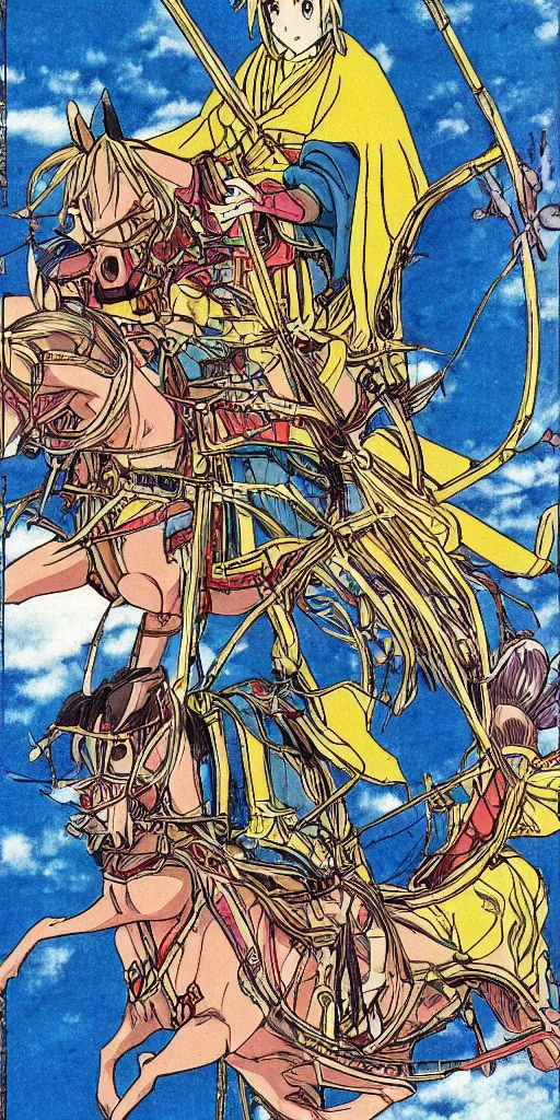 Image similar to a magical chariot drawn by horse in japan, 1990s anime, full color, tarot card the chariot,