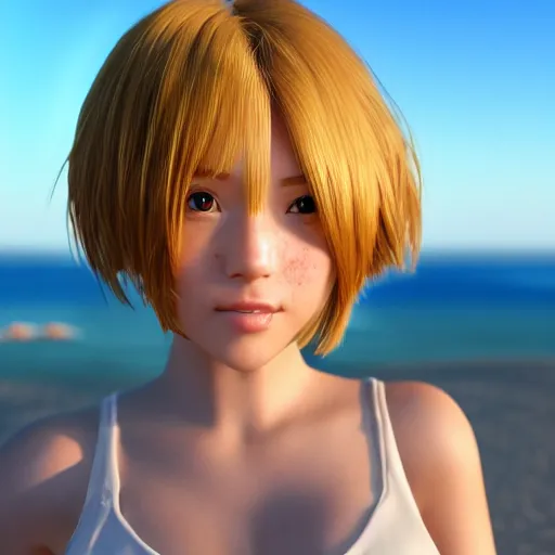 Image similar to Render of a very beautiful 3d anime girl, short blonde hair, hazel eyes, cute freckles, full round face, short smile, cute sundress, golden hour, serene beach setting, medium shot, mid-shot, highly detailed, trending on Artstation, Unreal Engine 4k