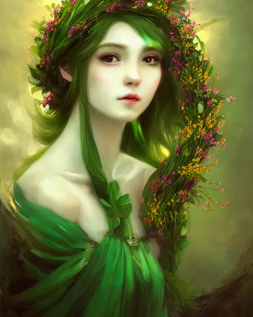 Prompt: the goddess of spring, with a wreath on her head and a green gauze skirt, dreamy, beautiful, by wlop