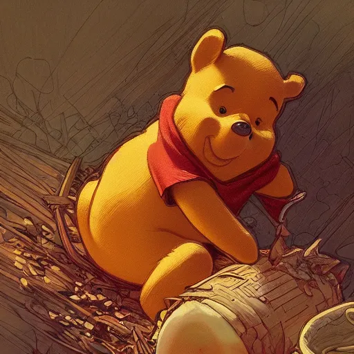 Image similar to Winnie the Pooh vomiting blood, highly detailed, digital painting, artstation, concept art, sharp focus, illustration, art by artgerm and greg rutkowski and alphonse mucha,