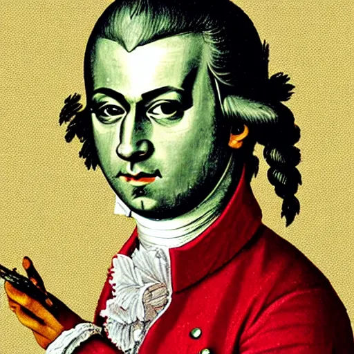 Image similar to Mozart with bloodshot eyes holding a weed joint in his hand, digital art