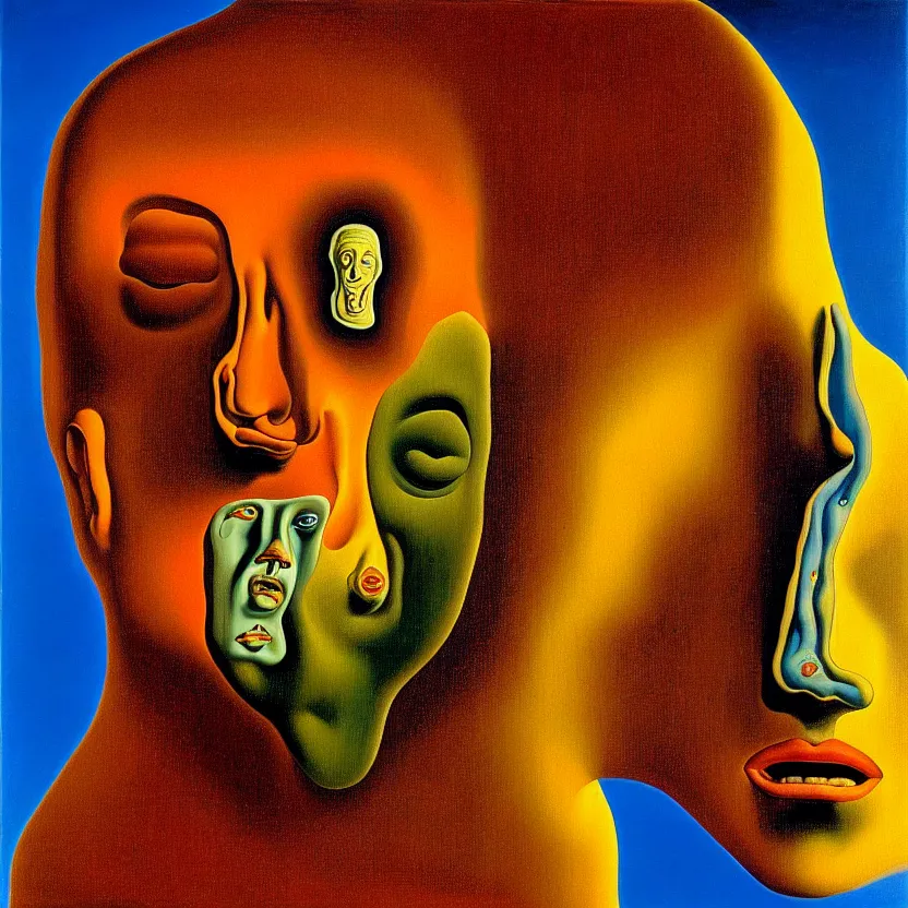 Image similar to a face coming out of a face coming out of a face, recursion, surreal, by salvador dali and max ernst, oil on canvas, weird, dreams, fantasy, soft lighting, warm colors