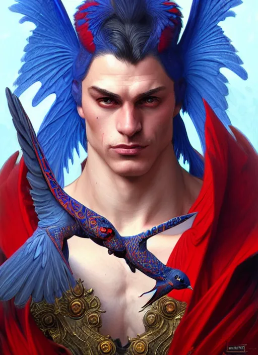 Image similar to portrait of aggressive pigeon humanoid, d & d, muscular! blue and red, fantasy, intricate, elegant, highly detailed, digital painting, artstation, concept art, smooth, sharp focus, illustration, art by artgerm and greg rutkowski and alphonse mucha