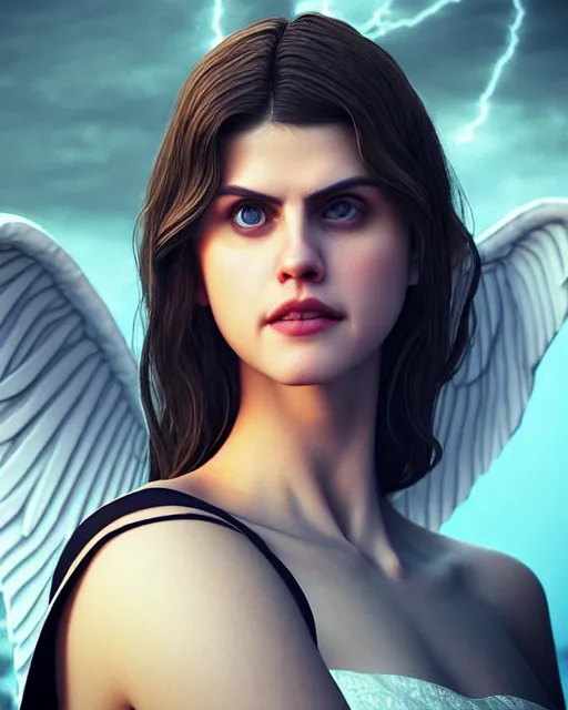 Image similar to Fullbody potrait of Alexandra Daddario as an angel, hyper realistic, prismatic highlights, atmosphere, gorgeous, depth of field, cinematic, macro, concept art, 50mm, artstation, wlop, elegant, epic, weta digital, focus, octane render, v-ray, 8k, kodak portra, art by Liberatore