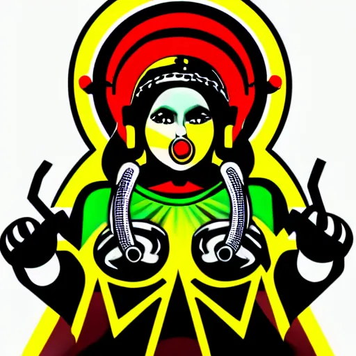 Prompt: svg vector sticker of absolutely divine-deity-angel, rocking out, wearing headphones, huge speakers, dancing, rave, DJ, spinning records, digital art, amazing composition, rule-of-thirds, award-winning, trending on artstation, featured on deviantart