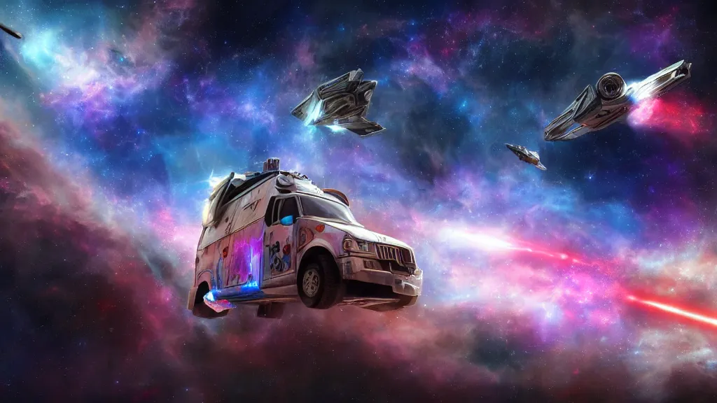 Prompt: a photorealistic concept art of a space van flying in front of a nebula, siny metal, graffiti on the side, epic, star wars style, 4 k hd wallpaper, premium prints available, hyper realistic, bright iridescent light, legendary, trending on artstation