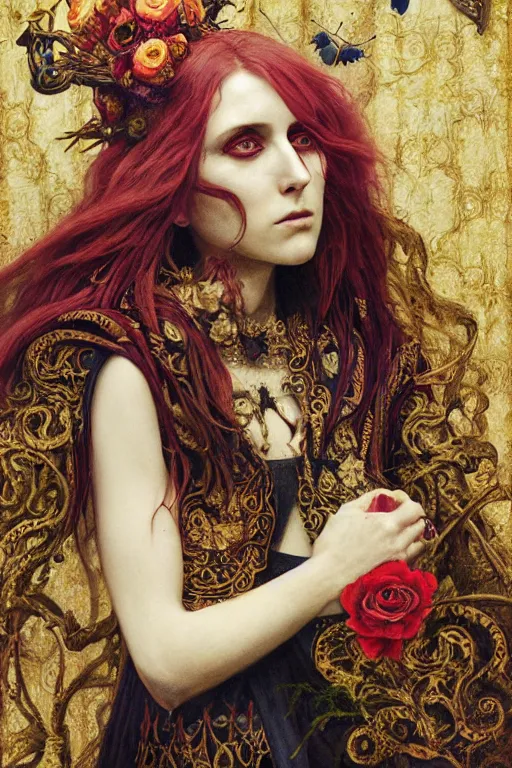 Prompt: portrait of a medieval priestess healthy - looking chelsea wolfe, goth punk, floral flowers, radiant colors, tarot, surreal, a flemish baroque by alexander mcqueen, art by john collier by greg rutkowski and craig mullins, oil on canvas