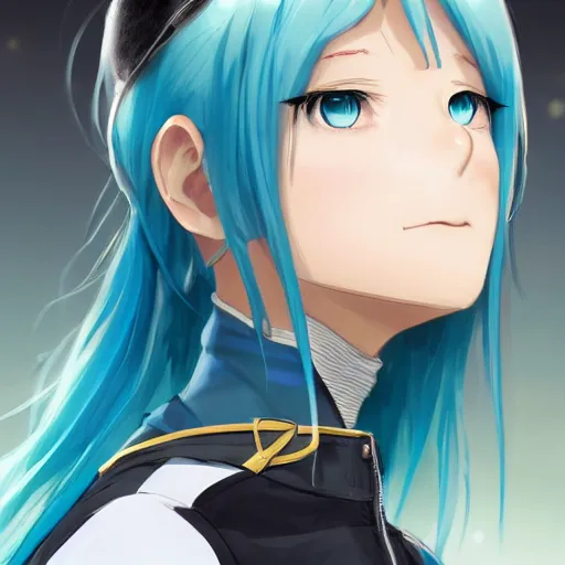 Image similar to profile shot of rimuru tempest looking forward, sky blue hair, ponytail, pretty, long bangs, gold eyes, black jacket with white stripes and a high collar, highly detailed, unreal engine 5, digital painting, concept art, cinematic, wlop | artgerm, pixiv, ilya kuvshinov, greg rutkowski, yoshitaka amano