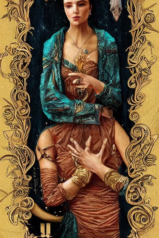 Image similar to the woman, trending on cgsociety, 4 k digital art, intricately defined, complexly detailed, mannerism, [ tarot card ]!!!!!