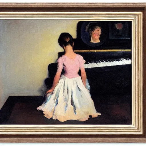 Image similar to a portrait of a girl leaning over tha back of a chair, behind her is a piano, by john french sloan