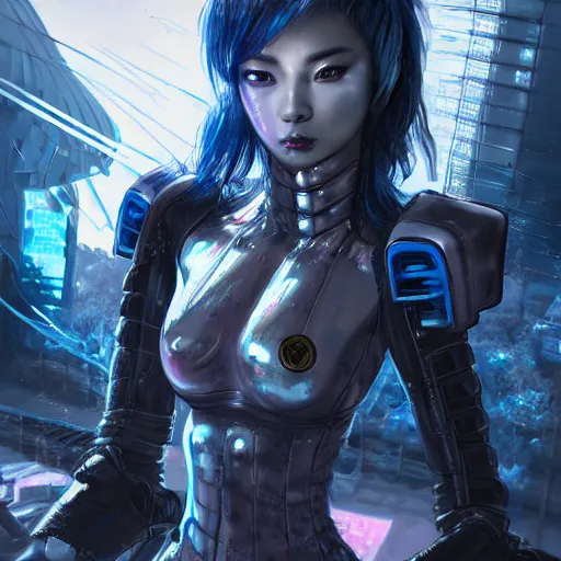 Prompt: An epic fantastic ultrarealism comic book style portrait painting of a female cyberpunk armor samurai, tzuyu ultradetailed face by Artgerm, blue and ice silver color armor, cyberpunk feel raining at tokyo rooftop, Concept world Art, unreal 5, DAZ, 8k, hyperrealistic, octane render, cosplay, RPG portrait, final fantasy artwork concept, dramatic lighting, rim lights