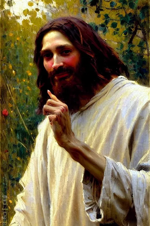 Image similar to impressionist brushstrokes!!!!!!!!! solomon joseph solomon and richard schmid and jeremy lipking victorian loose genre loose painting full length portrait painting of jesus with a slight smile happy inviting