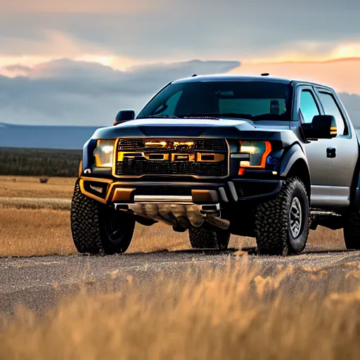 Image similar to a highly detailed photo of an armored black ford raptor in alberta at sundown, 4 k high - resolution photograph, ultra detail, hd photo