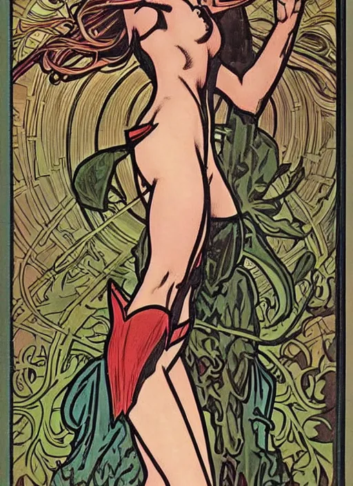 Image similar to a beautiful young woman. she is a woodland elf. well composed, clean elegant painting, beautiful detailed face. retro comic book art by steve ditko and jack kirby and ( alphonse mucha )