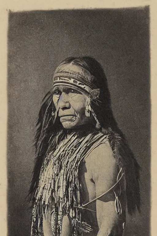 Image similar to “19th century wood engraving of a Native American indian woman, portrait, Nanye-hi Beloved Woman of the Cherokee, wearing a papoose showing pain and sadness on her face, ancient”