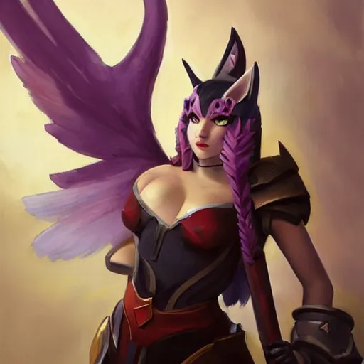 Image similar to greg manchess portrait painting of partially armored ahri from league of legends as overwatch character, medium shot, asymmetrical, profile picture, organic painting, sunny day, matte painting, bold shapes, hard edges, street art, trending on artstation, by huang guangjian, gil elvgren, ruan jia, randy vargas, greg rutkowski, gaston bussiere