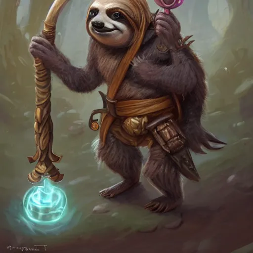 Prompt: cute little anthropomorphic sloth, wielding a magic staff, tiny, small, short, wizard robe, cute and adorable, pretty, beautiful, dnd character art portrait, matte fantasy painting, deviantart artstation, by jason felix by steve argyle by tyler jacobson by peter mohrbacher, cinema