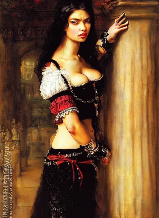 Prompt: a beautiful woman with baroque gothic, adriana lima, misa amane. by rembrandt 1 6 6 7, illustration, by konstantin razumov