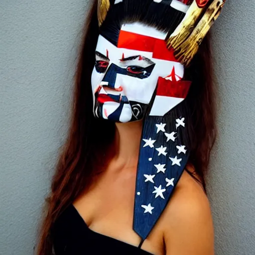 Image similar to a beautiful portrait sculpture designed by Sandra Chevrier, tribal head dress, American stars and stripes on face