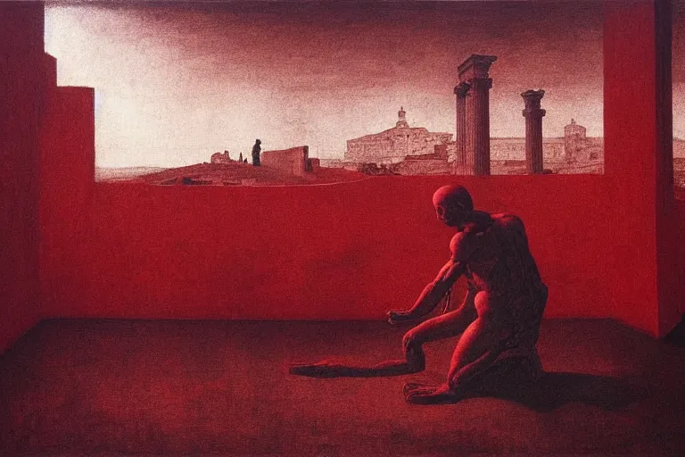 Image similar to only with red, caesar after war, the deal, a red tiger, in hoc signo vinces, rome in background, an ancient path, in the style of beksinski, part by hopper, part by rodcenko, part by hofbauer, intricate composition, red by caravaggio, insanely quality, highly detailed, masterpiece, red light, artstation