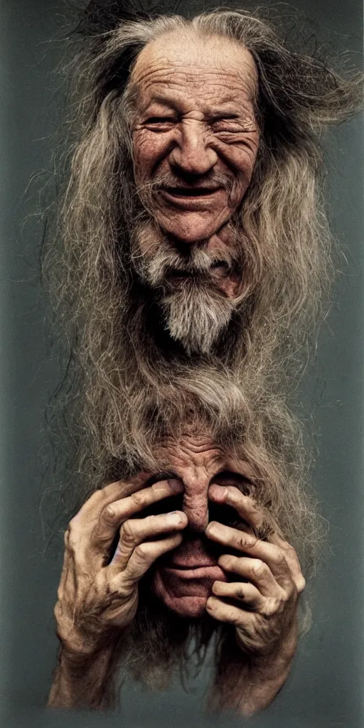 Image similar to a old man with 3 heads and 6 eyes, long hair, hanging upsidedown by annie leibovitz