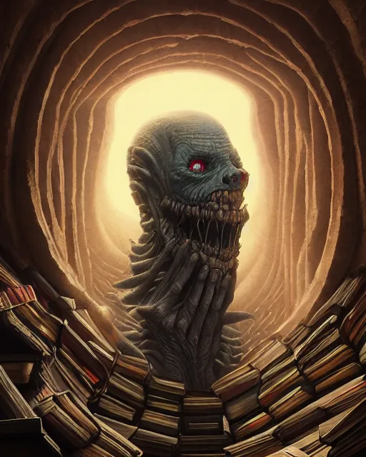 Image similar to highly detailed surreal vfx portrait of a creepy monster in a catacomb of books, stephen bliss, unreal engine, greg rutkowski, loish, rhads, beeple, makoto shinkai and lois van baarle, ilya kuvshinov, rossdraws, tom bagshaw, alphonse mucha, global illumination, detailed and intricate environment